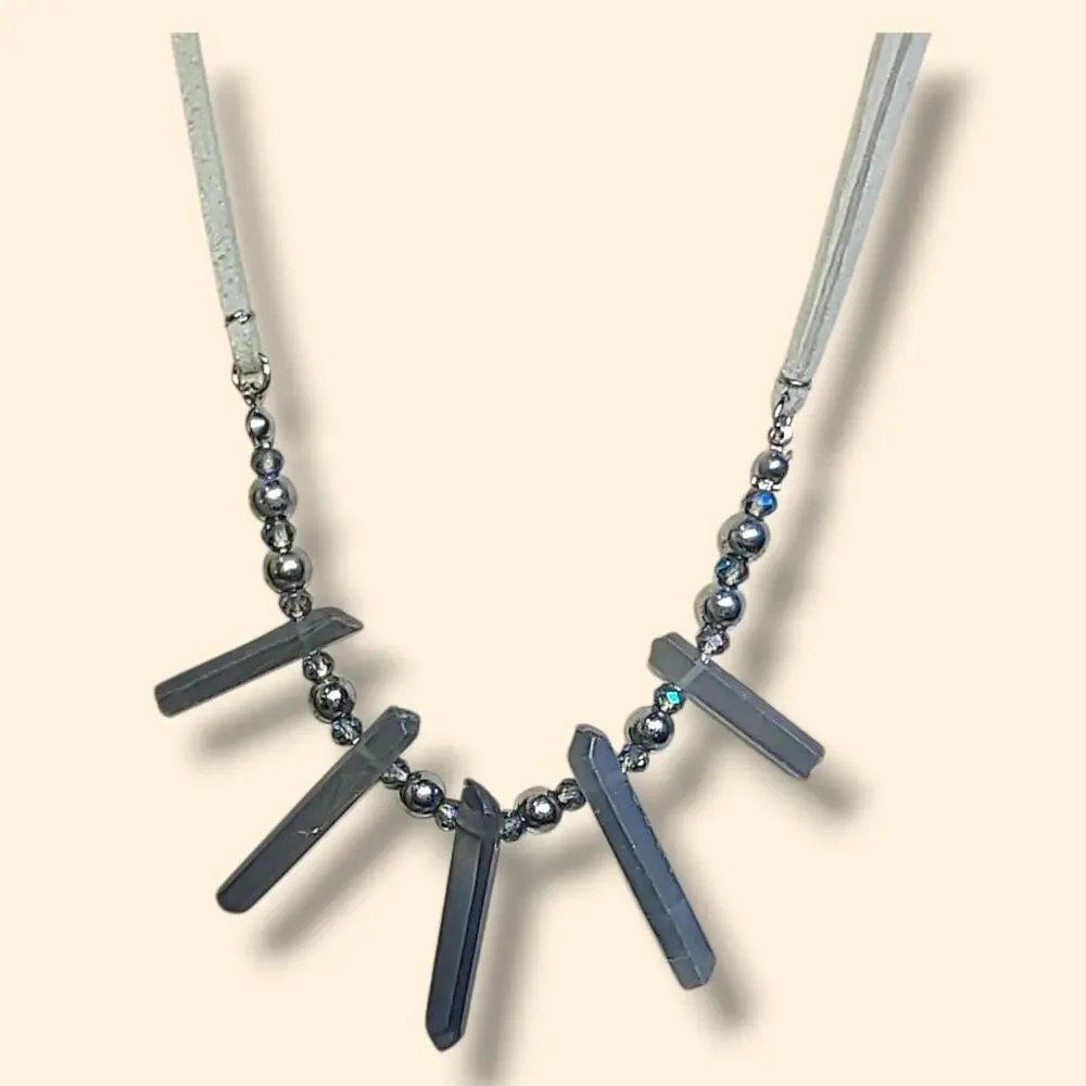 Blue Crystals Beige Faux Leather Statement Necklace 16